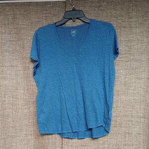 GAP Women's Blue V-Neck  Boxy Linen Top